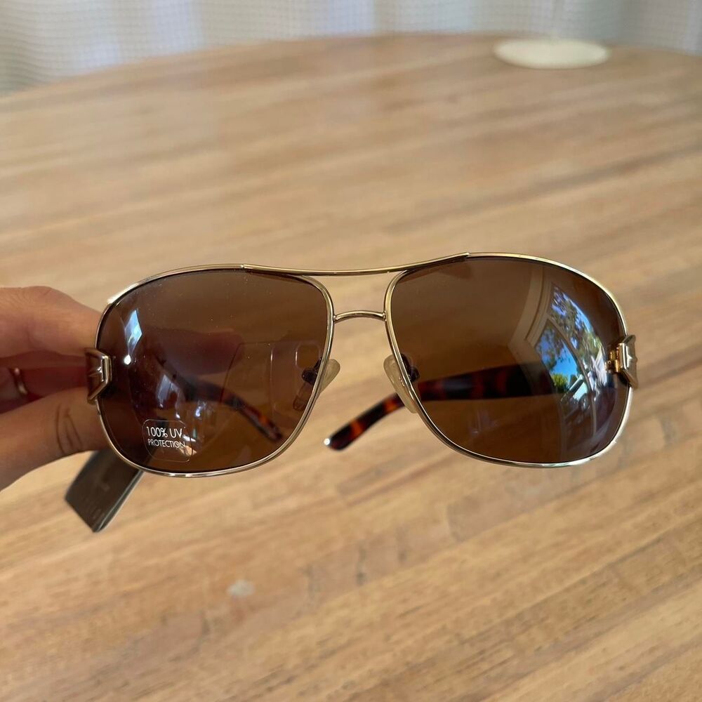 NWT Vintage Y2K Aviator Sunglasses Gold & Brown Gradient Tortoiseshell Arms - Picture 5 of 8